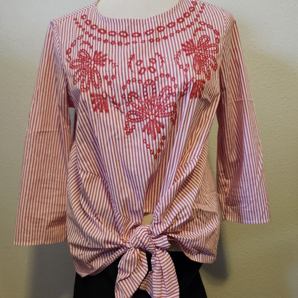 Grand & Greene Striped Red Embroidered Women's Top